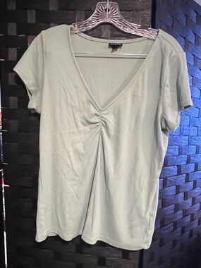 torrid Light Sage Ruched V-Neck Short Sleeve Top